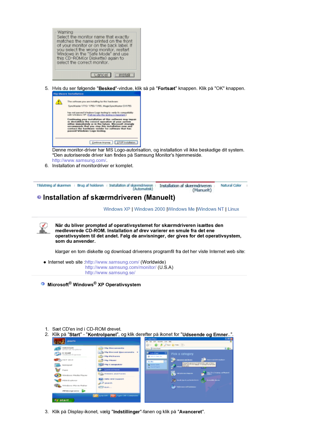 Samsung LS21DPWASQ/EDC manual Installation af skærmdriveren Manuelt, Microsoft Windows XP Operativsystem 