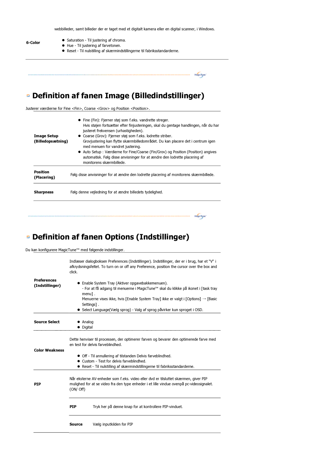 Samsung LS21DPWASQ/EDC manual Definition af fanen Image Billedindstillinger 