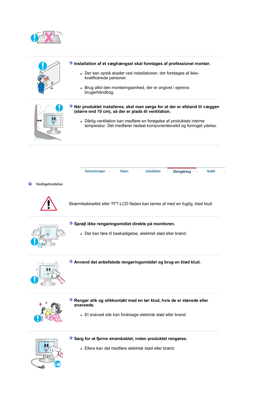 Samsung LS21DPWASQ/EDC manual Sprøjt ikke rengøringsmidlet direkte på monitoren 