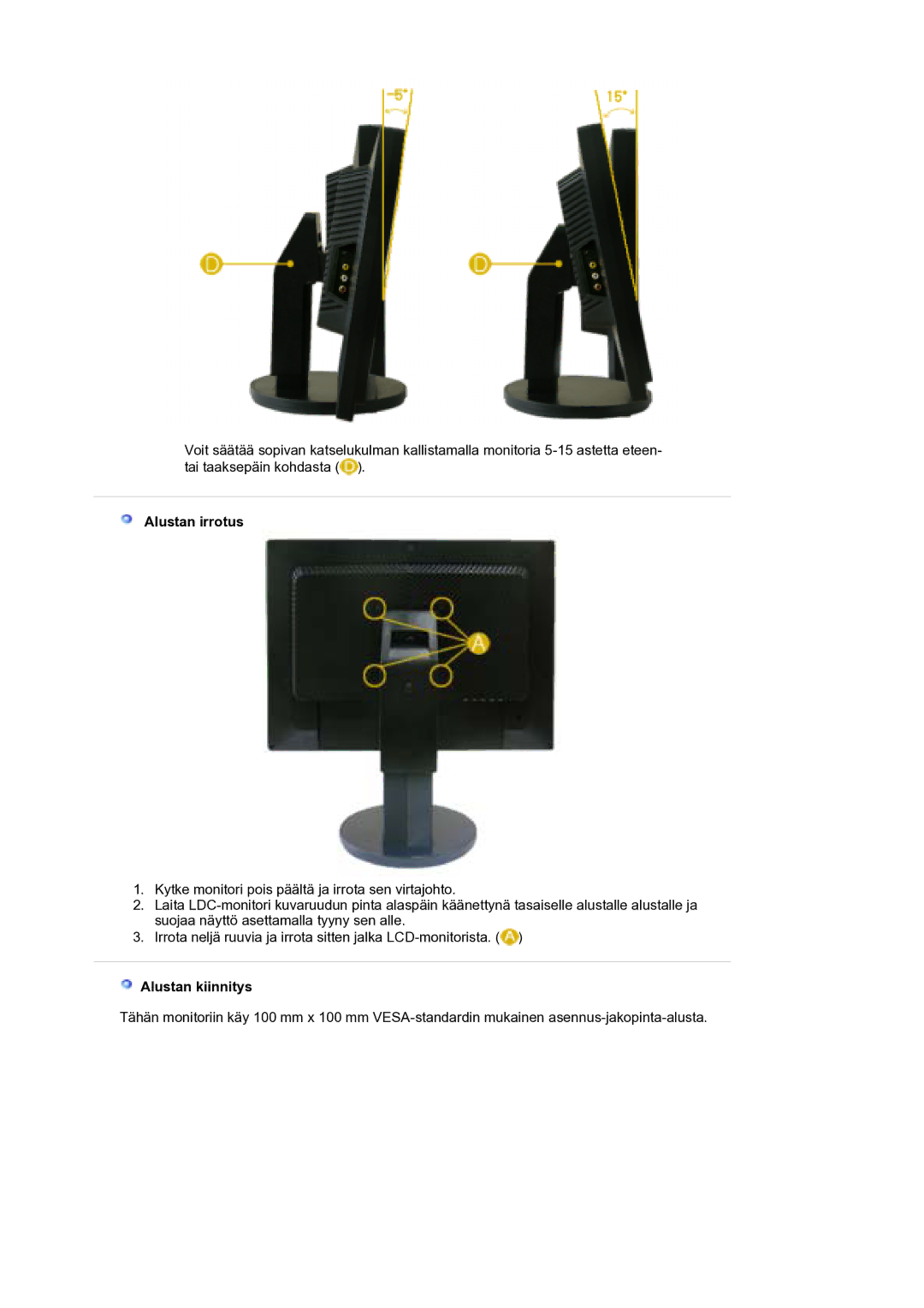 Samsung LS21DPWASQ/EDC manual Alustan irrotus, Alustan kiinnitys 