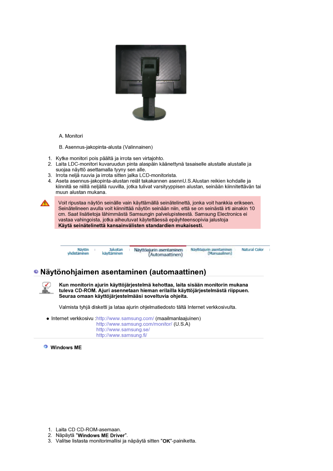 Samsung LS21DPWASQ/EDC manual Käytä seinätelinettä kansainvälisten standardien mukaisesti, Näpäytä Windows ME Driver 