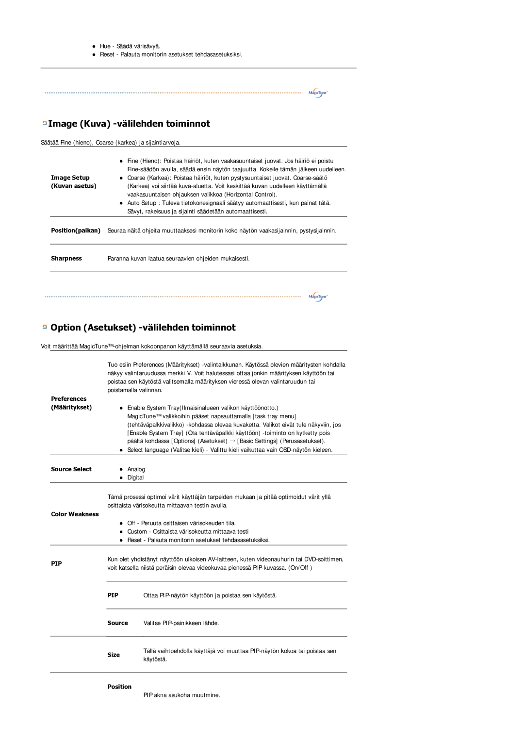 Samsung LS21DPWASQ/EDC manual Image Kuva -välilehden toiminnot 