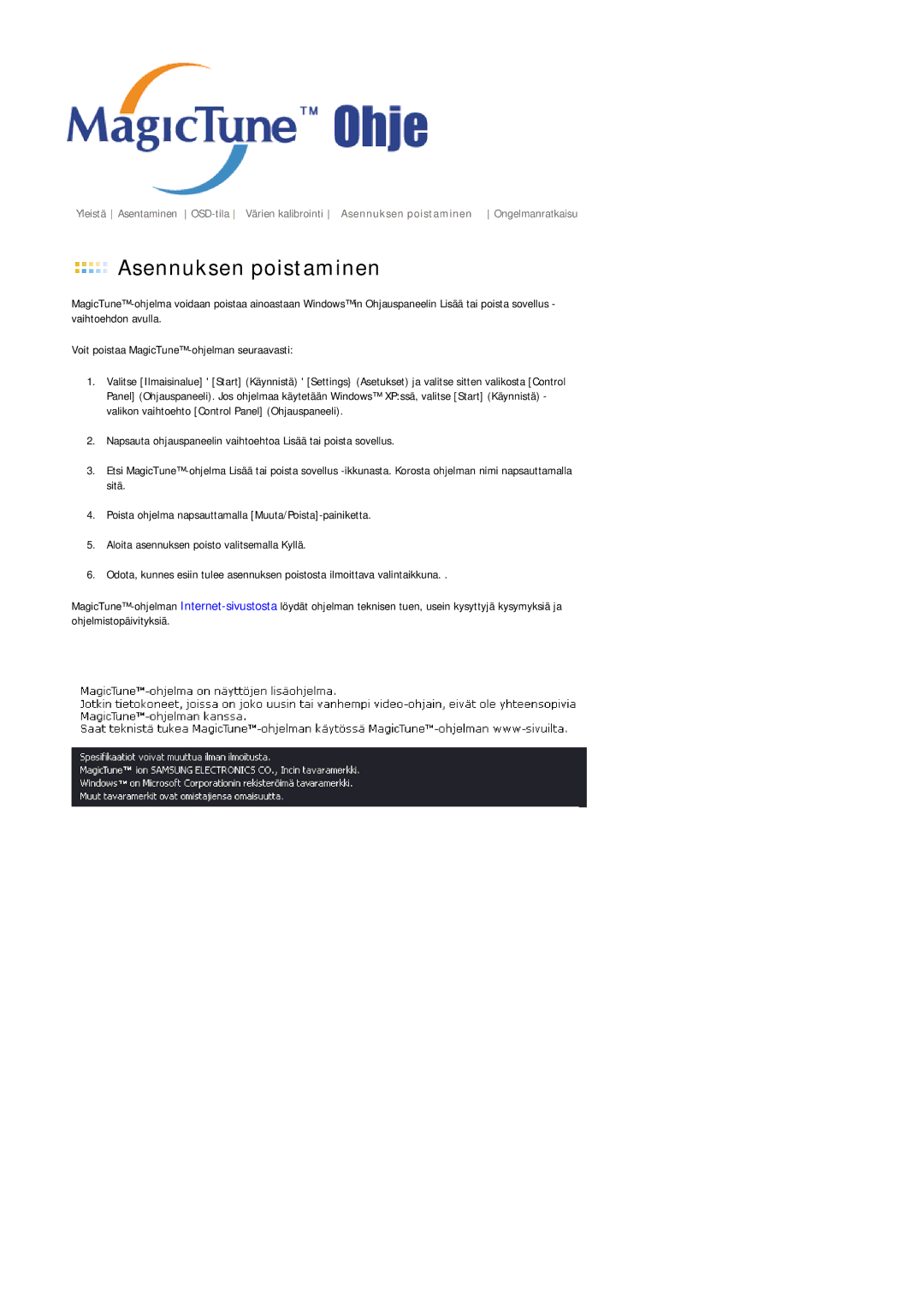 Samsung LS21DPWASQ/EDC manual Asennuksen poistaminen 