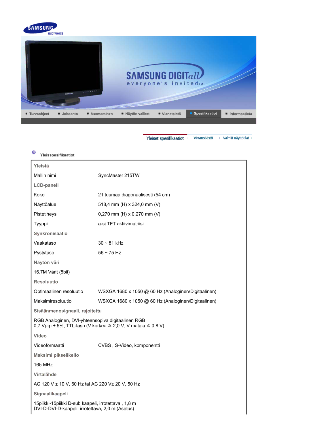 Samsung LS21DPWASQ/EDC manual Yleistä 