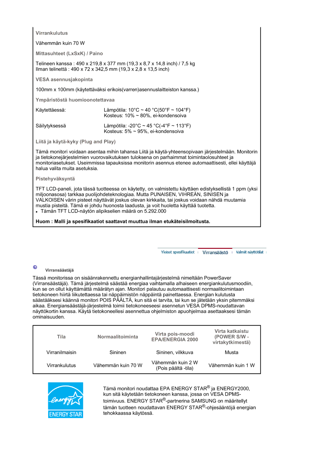 Samsung LS21DPWASQ/EDC manual Power S/W EPA/ENERGIA 