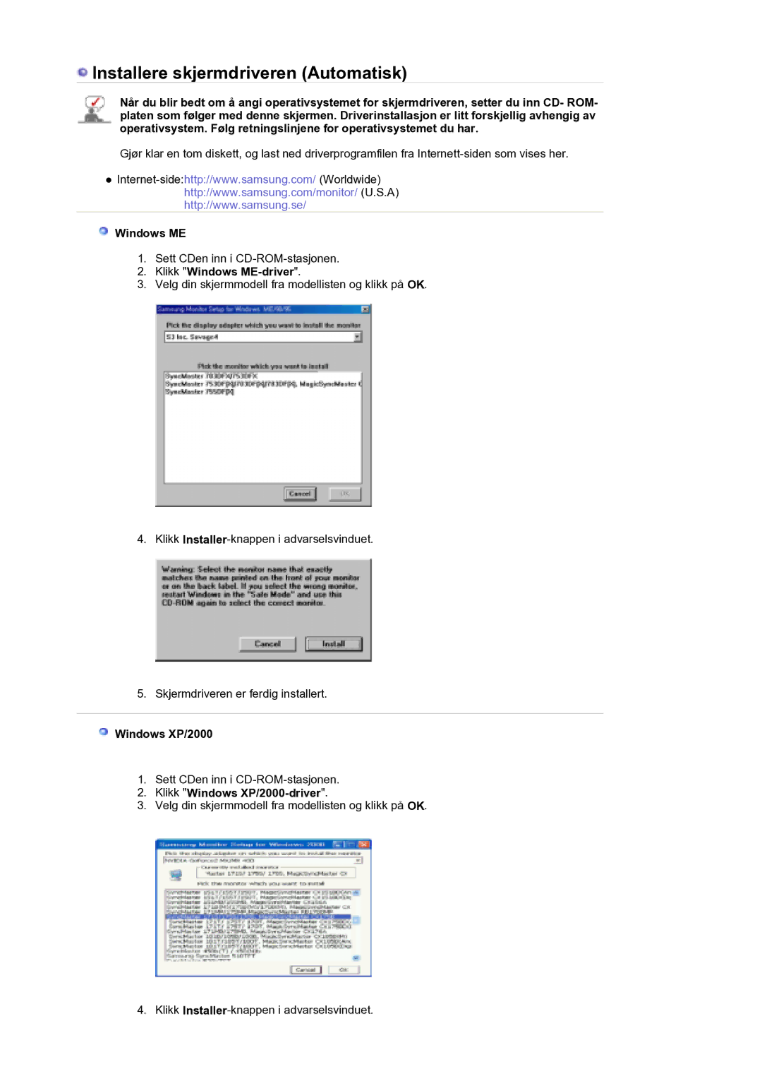 Samsung LS21DPWASQ/EDC manual Klikk Windows ME-driver, Klikk Windows XP/2000-driver 