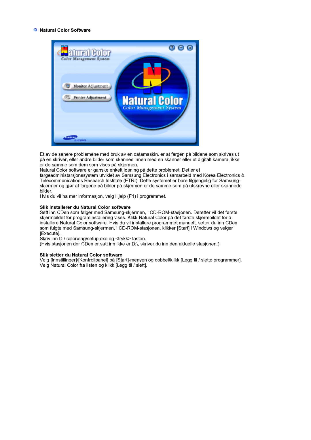 Samsung LS21DPWASQ/EDC manual Natural Color Software, Slik installerer du Natural Color software 