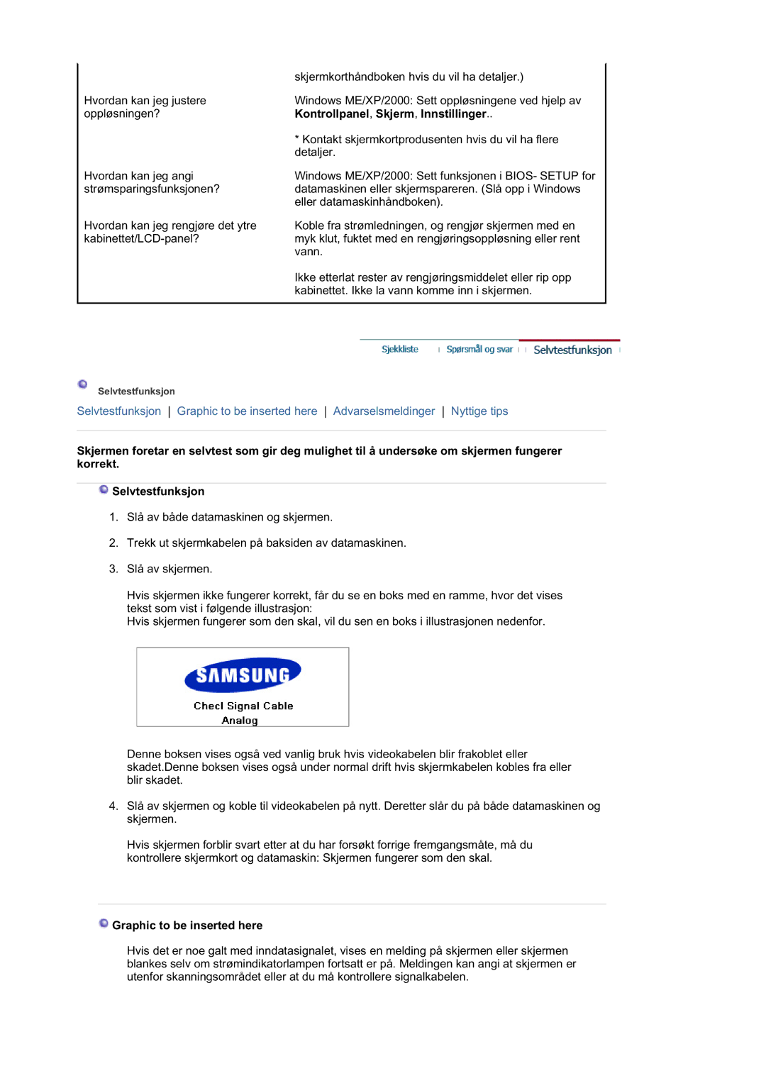 Samsung LS21DPWASQ/EDC manual Kontrollpanel , Skjerm , Innstillinger, Graphic to be inserted here 