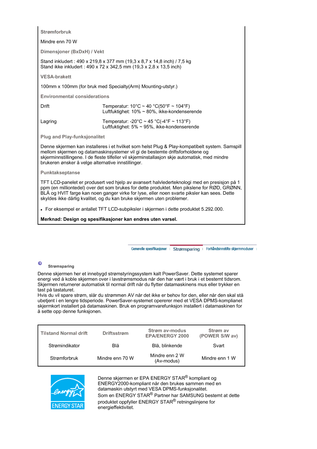 Samsung LS21DPWASQ/EDC manual Dimensjoner BxDxH / Vekt, Merknad Design og spesifikasjoner kan endres uten varsel 