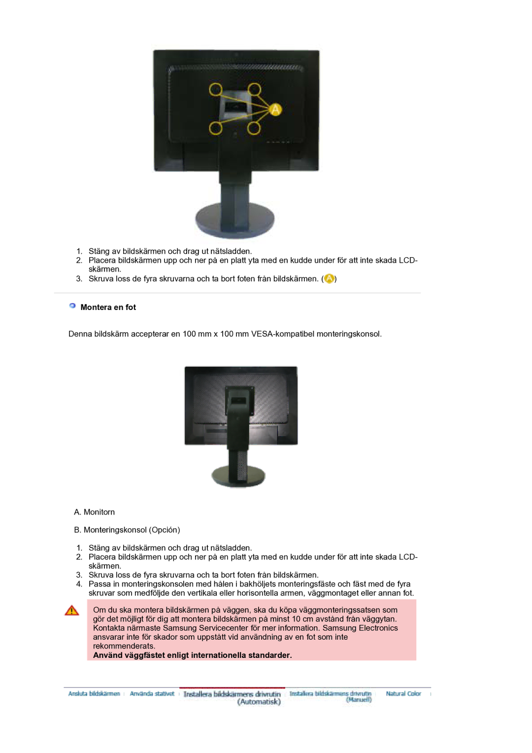 Samsung LS21DPWASQ/EDC manual Montera en fot, Använd väggfästet enligt internationella standarder 