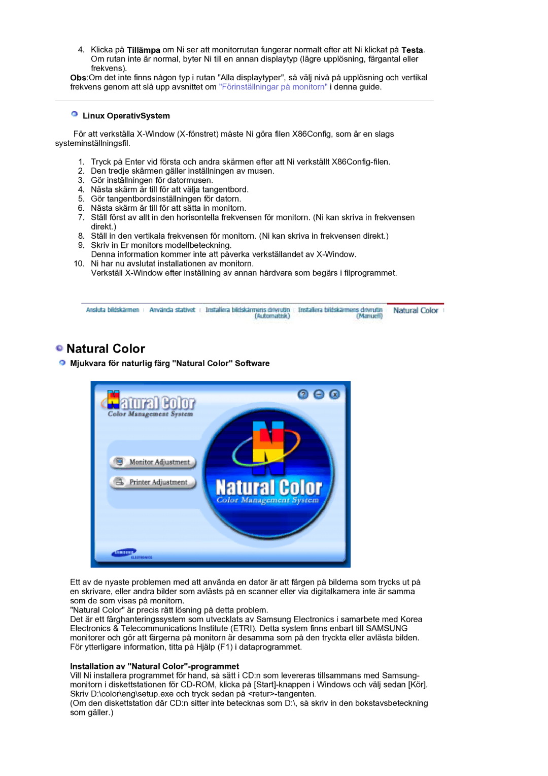 Samsung LS21DPWASQ/EDC manual Linux OperativSystem, Mjukvara för naturlig färg Natural Color Software 