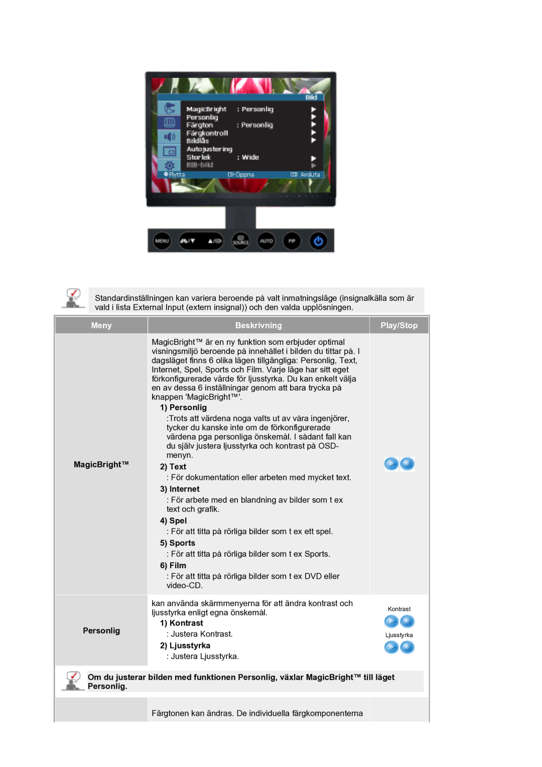 Samsung LS21DPWASQ/EDC manual MagicBright Personlig, Kontrast, Ljusstyrka 