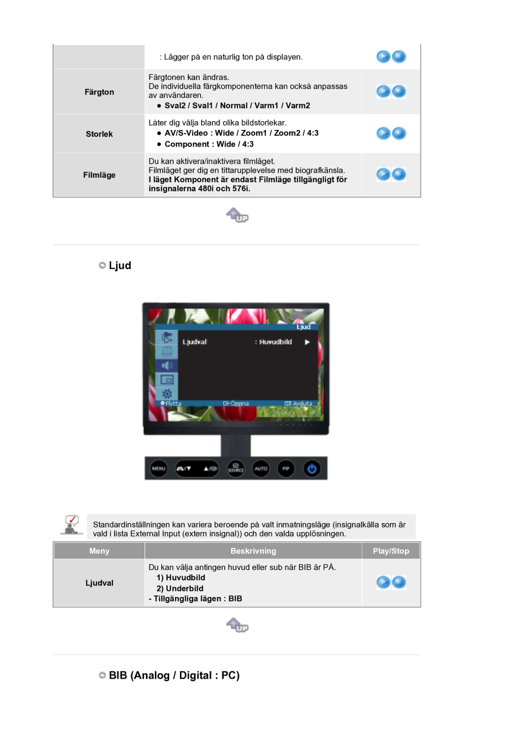 Samsung LS21DPWASQ/EDC manual Färgton Storlek Filmläge, Sval2 / Sval1 / Normal / Varm1 / Varm2 