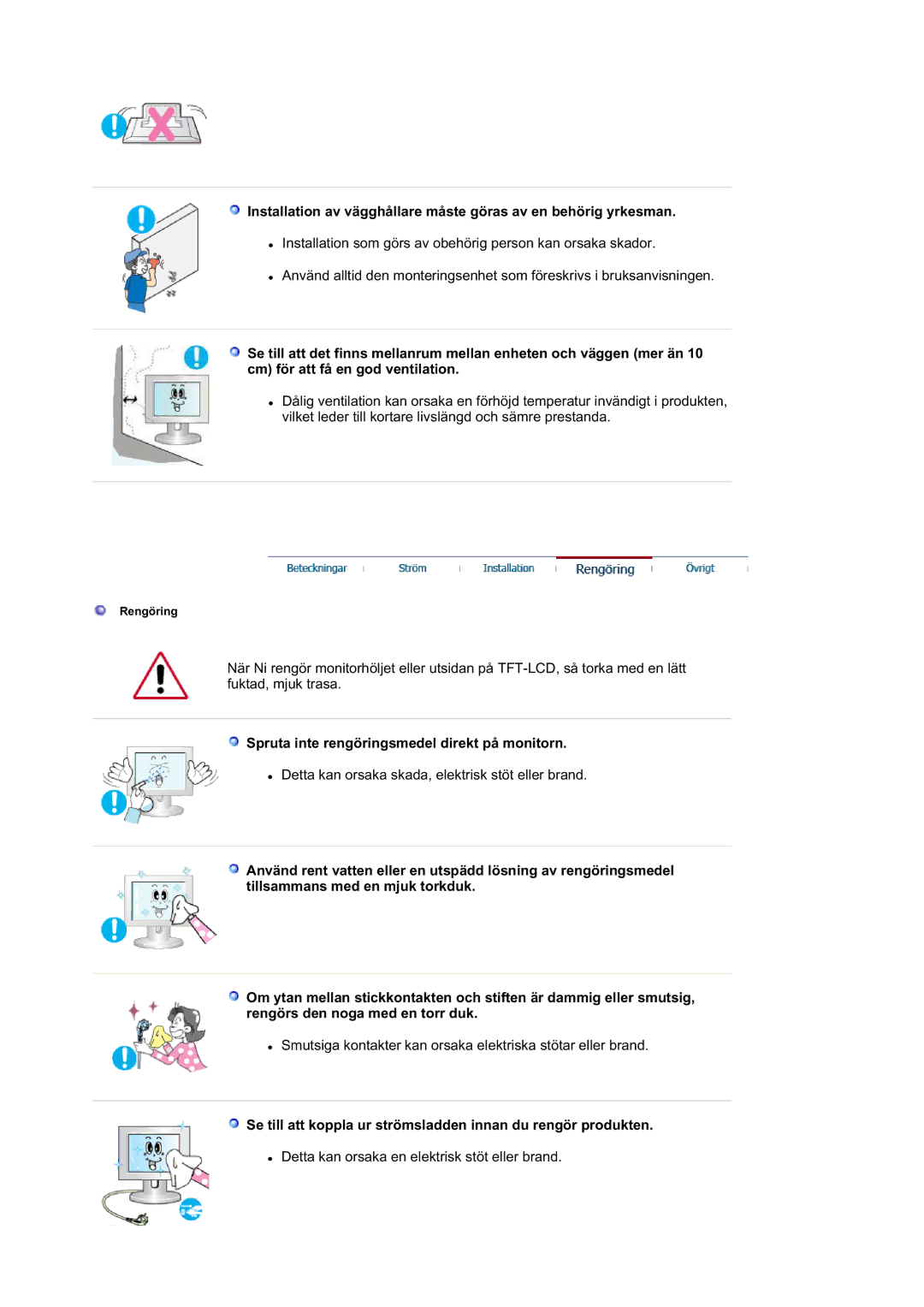 Samsung LS21DPWASQ/EDC manual Spruta inte rengöringsmedel direkt på monitorn 