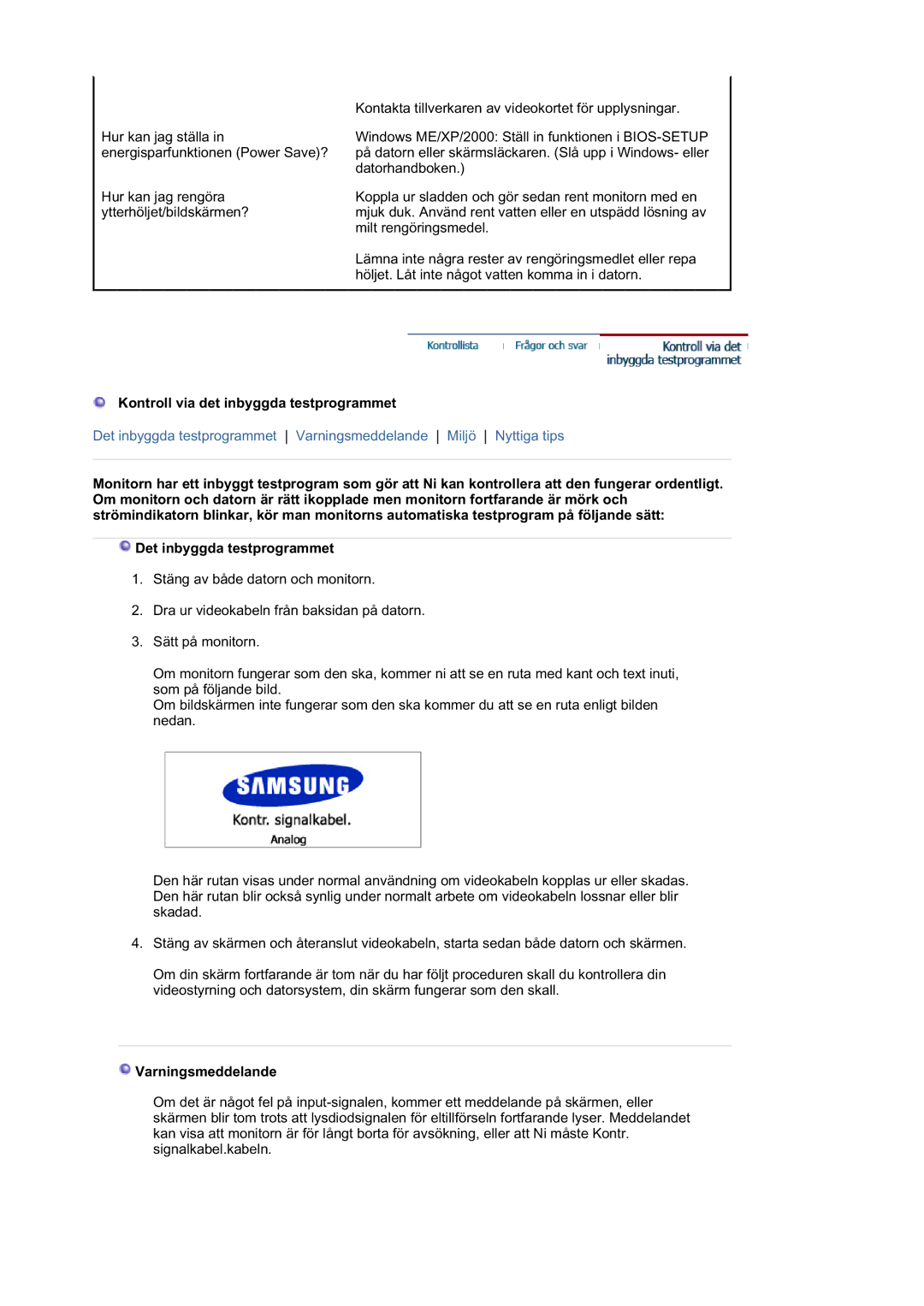 Samsung LS21DPWASQ/EDC manual Kontroll via det inbyggda testprogrammet, Varningsmeddelande 