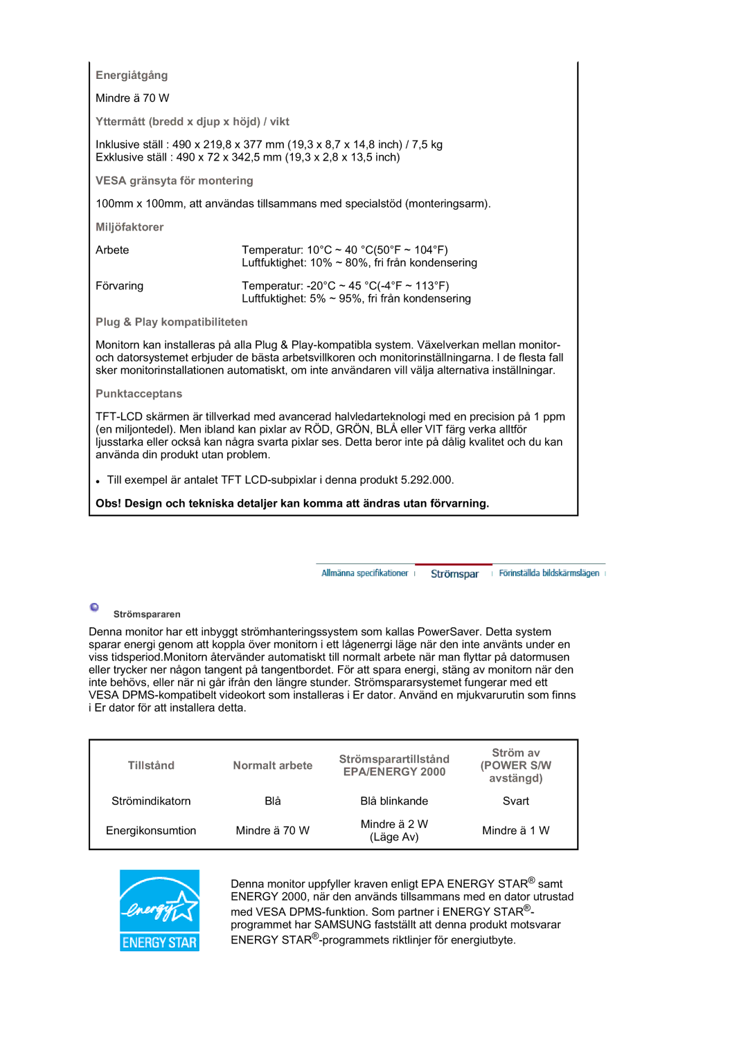 Samsung LS21DPWASQ/EDC manual Energiåtgång 