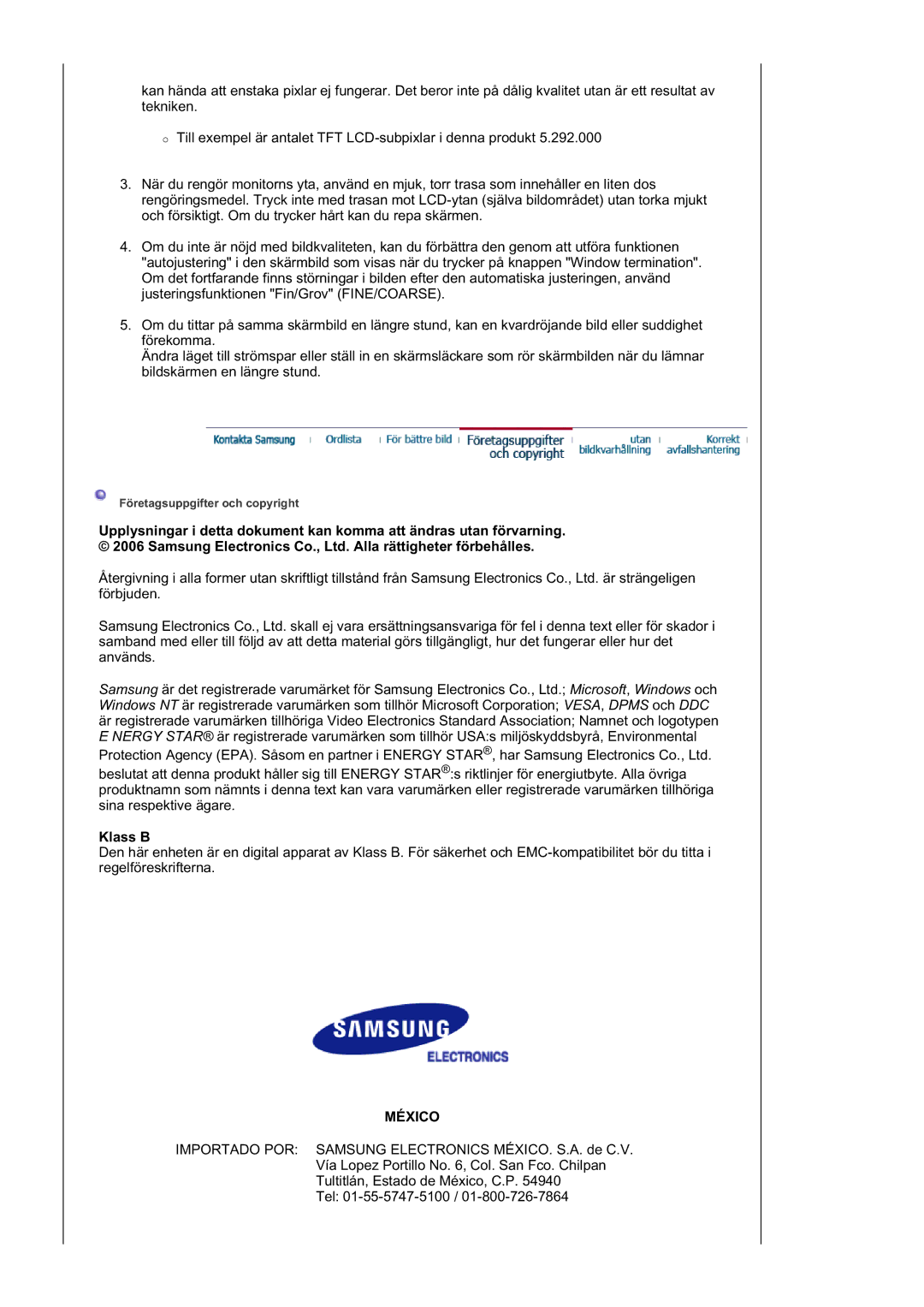 Samsung LS21DPWASQ/EDC manual Klass B, México 