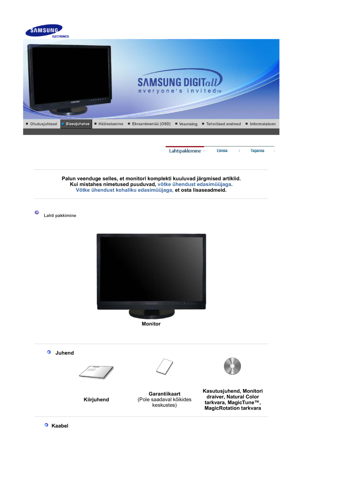 Samsung LS21DPWASQ/EDC manual Tarkvara, MagicTune, MagicRotation tarkvara, Kaabel 