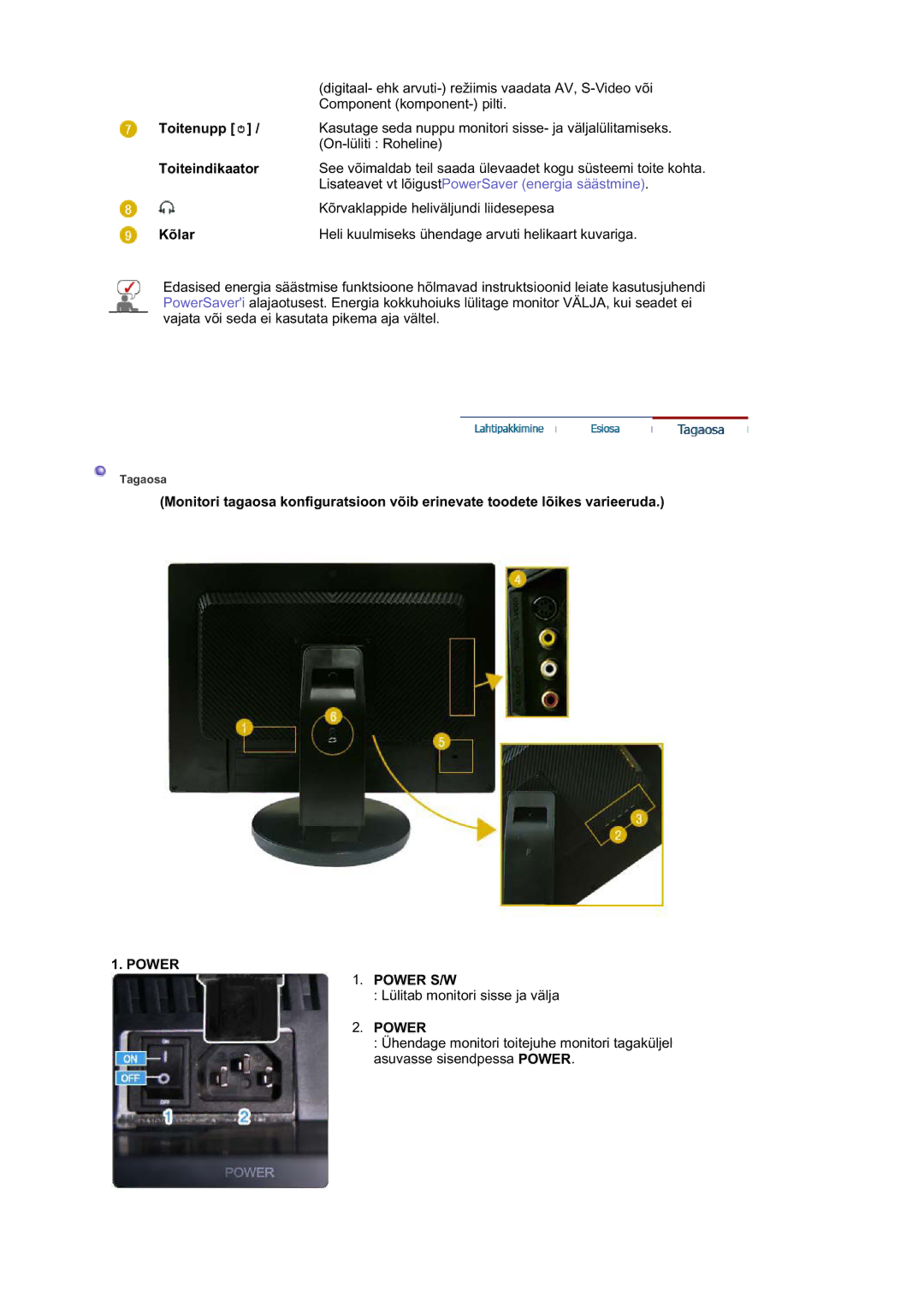 Samsung LS21DPWASQ/EDC manual Toitenupp, Toiteindikaator, Kõlar 