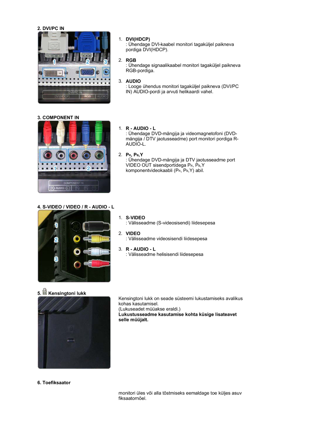 Samsung LS21DPWASQ/EDC manual Rgb, Audio L, Pr, Pb,Y, Kensingtoni lukk 