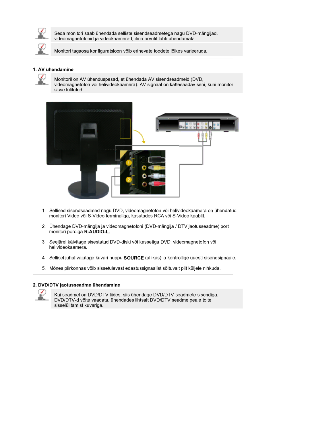 Samsung LS21DPWASQ/EDC manual AV ühendamine, DVD/DTV jaotusseadme ühendamine 