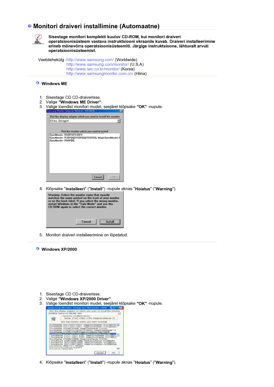 Samsung LS21DPWASQ/EDC manual Valige Windows ME Driver, Valige Windows XP/2000 Driver 