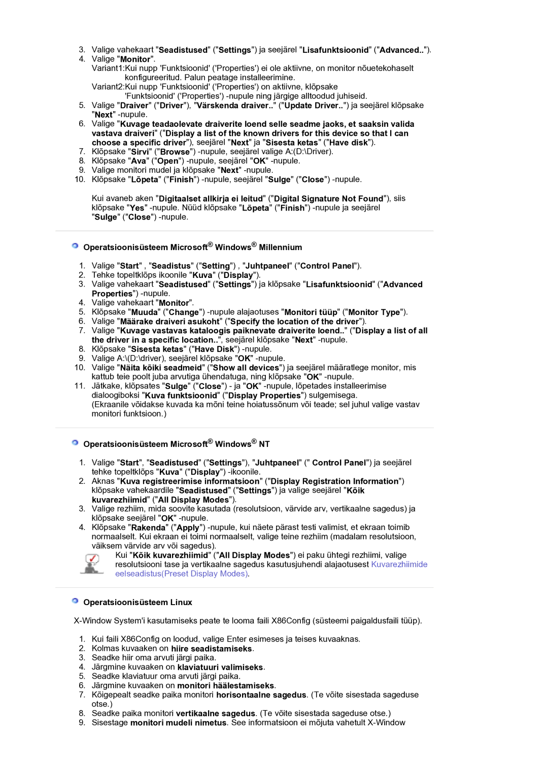 Samsung LS21DPWASQ/EDC manual Operatsioonisüsteem Linux, Järgmine kuvaaken on monitori häälestamiseks 