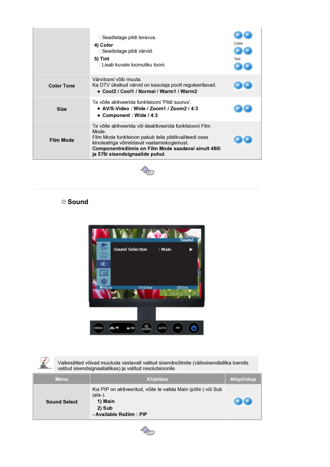 Samsung LS21DPWASQ/EDC manual Color Tone Size Film Mode, Cool2 / Cool1 / Normal / Warm1 / Warm2, Sound Select 