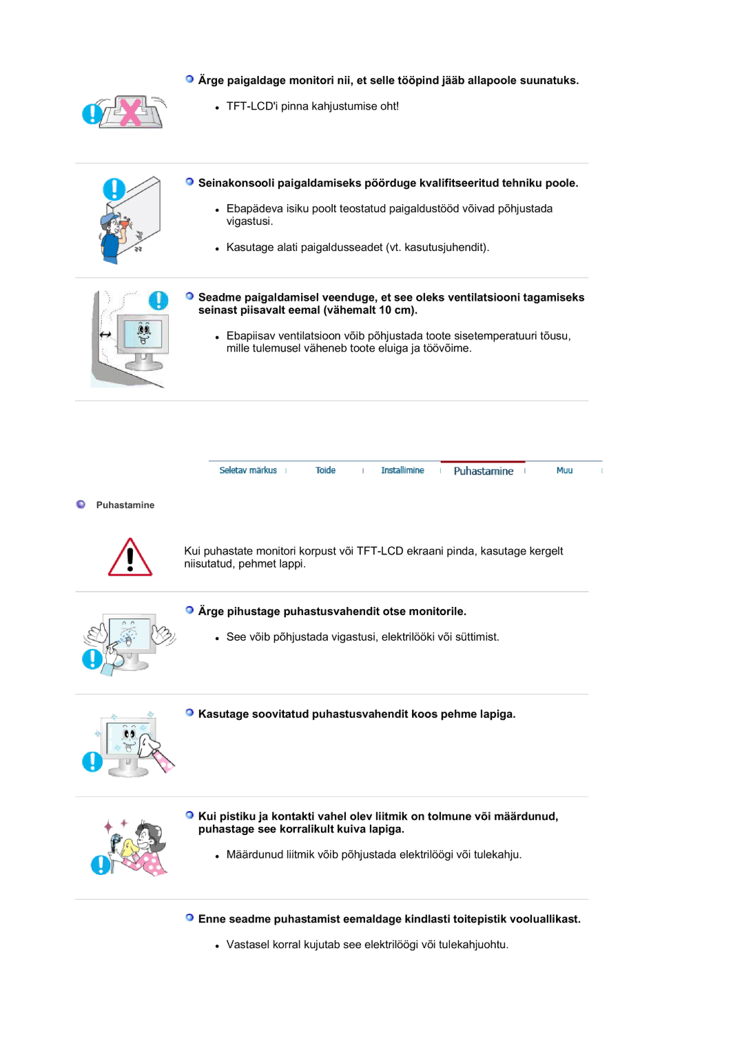 Samsung LS21DPWASQ/EDC manual Ärge pihustage puhastusvahendit otse monitorile 