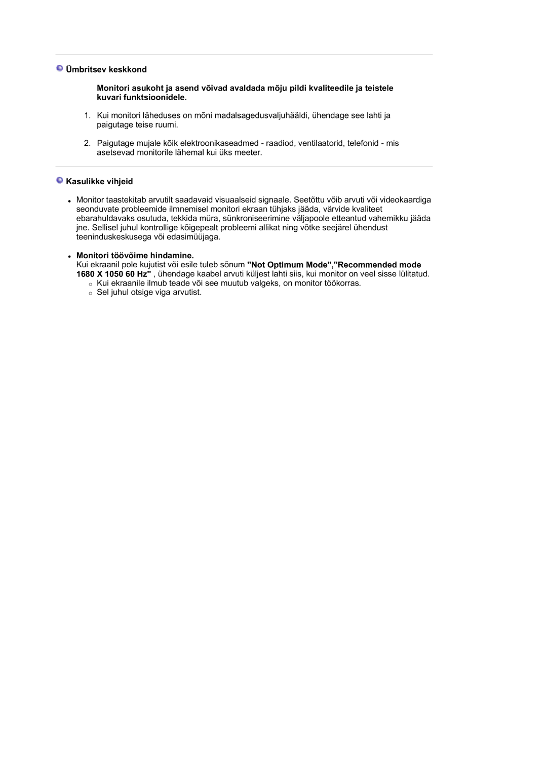 Samsung LS21DPWASQ/EDC manual Kasulikke vihjeid, Monitori töövõime hindamine 