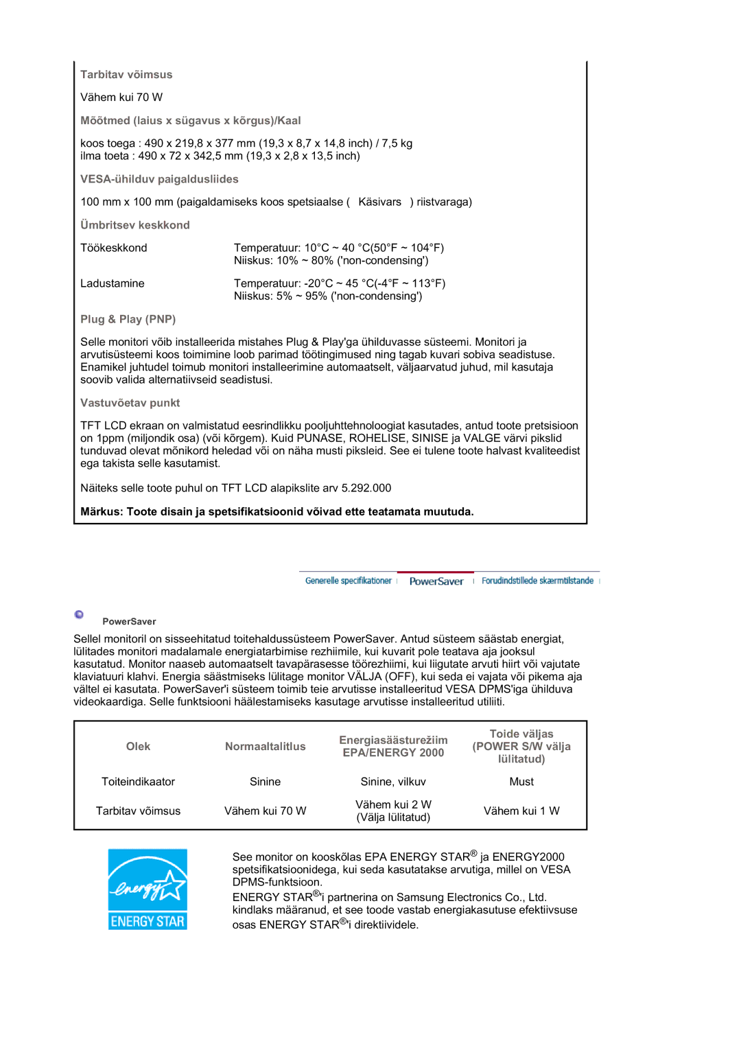 Samsung LS21DPWASQ/EDC manual Tarbitav võimsus 