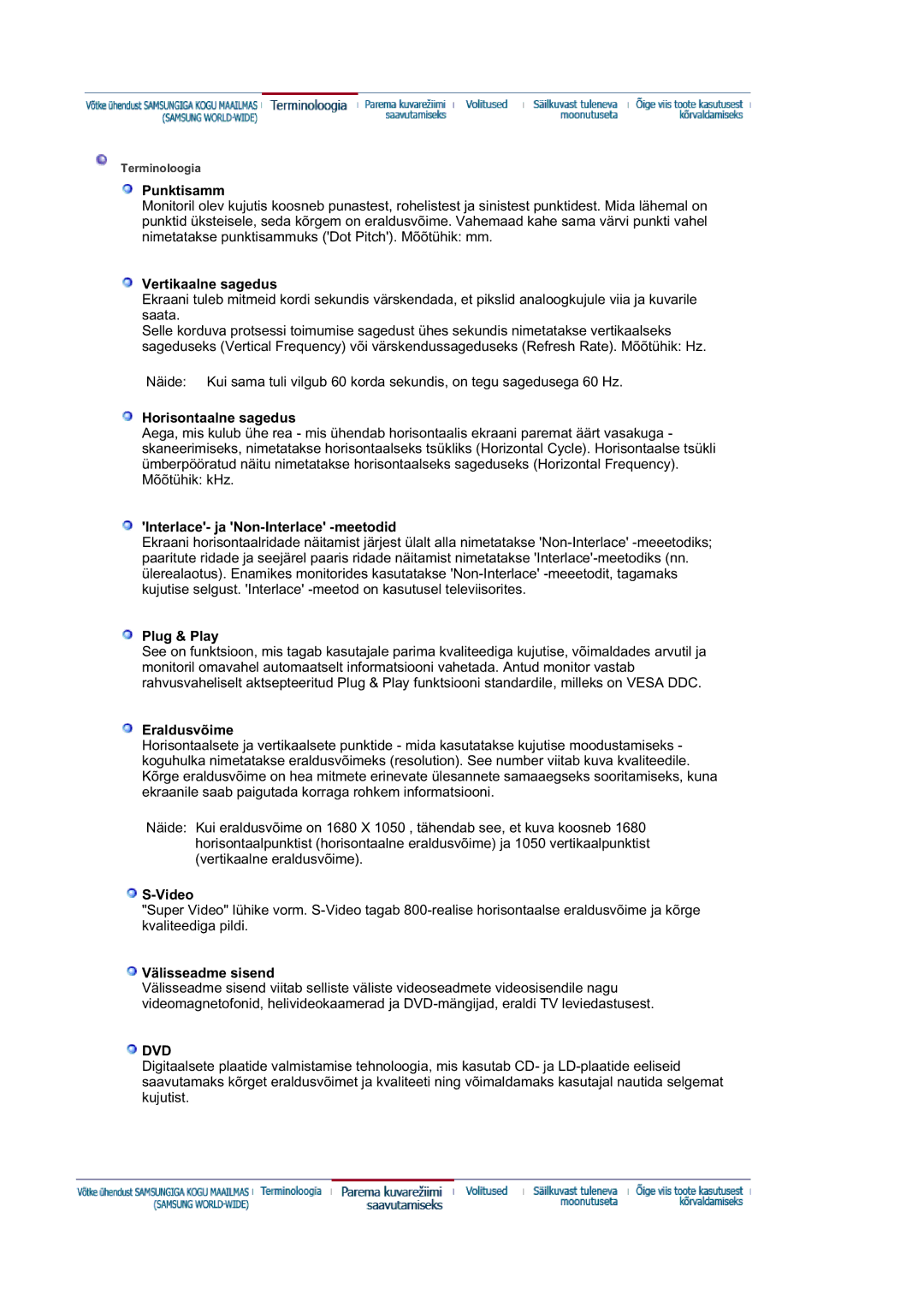 Samsung LS21DPWASQ/EDC manual Punktisamm, Vertikaalne sagedus, Horisontaalne sagedus, Interlace- ja Non-Interlace -meetodid 