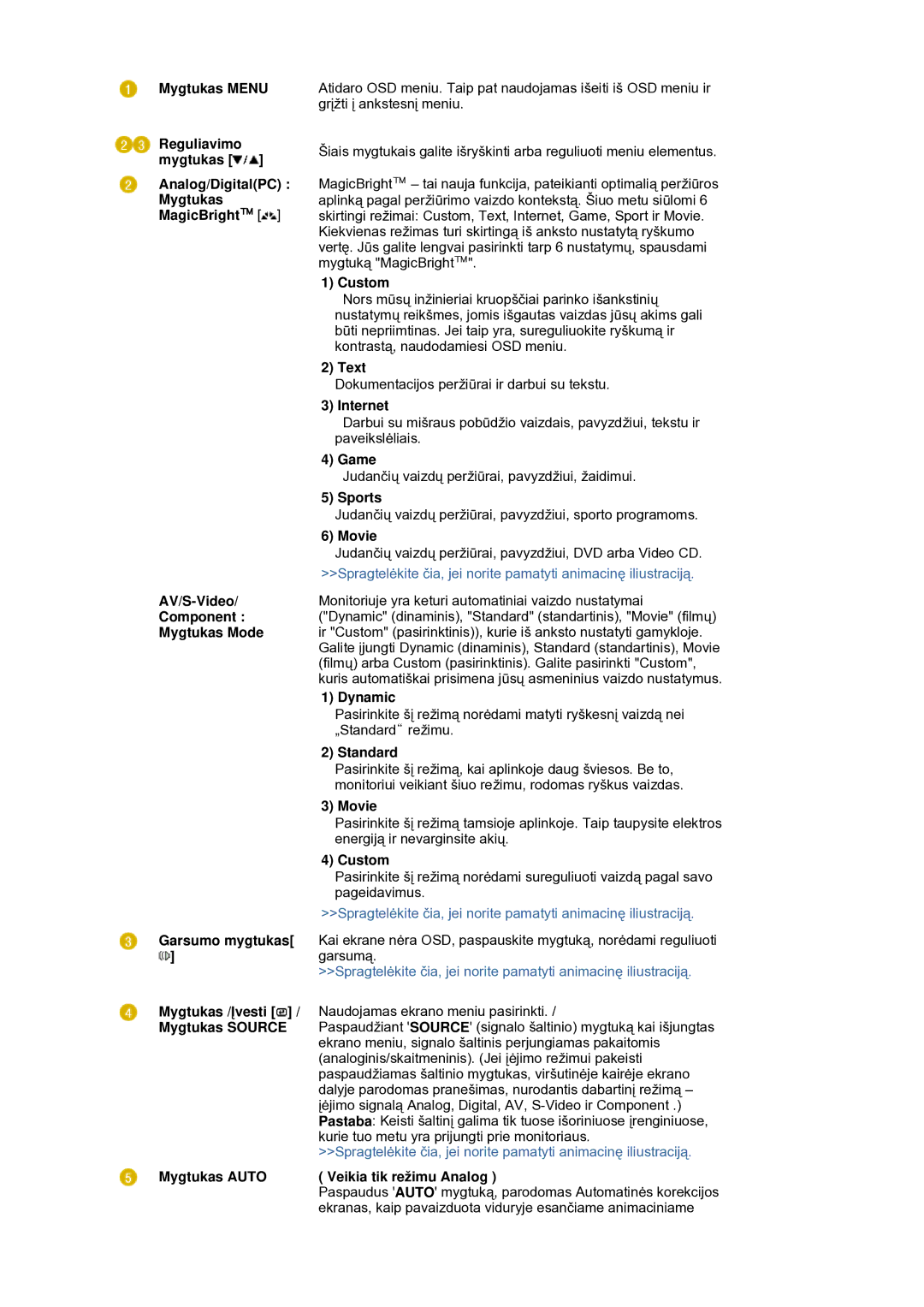 Samsung LS21DPWASQ/EDC manual Mygtukas Auto, Custom, Text, Internet, Game, Sports, Movie, Dynamic, Standard 