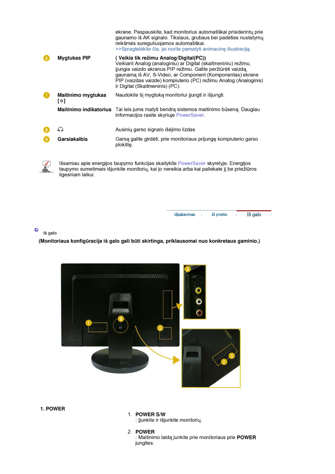 Samsung LS21DPWASQ/EDC manual Mygtukas PIP Veikia tik režimu Analog/DigitalPC, Maitinimo mygtukas, Maitinimo indikatorius 