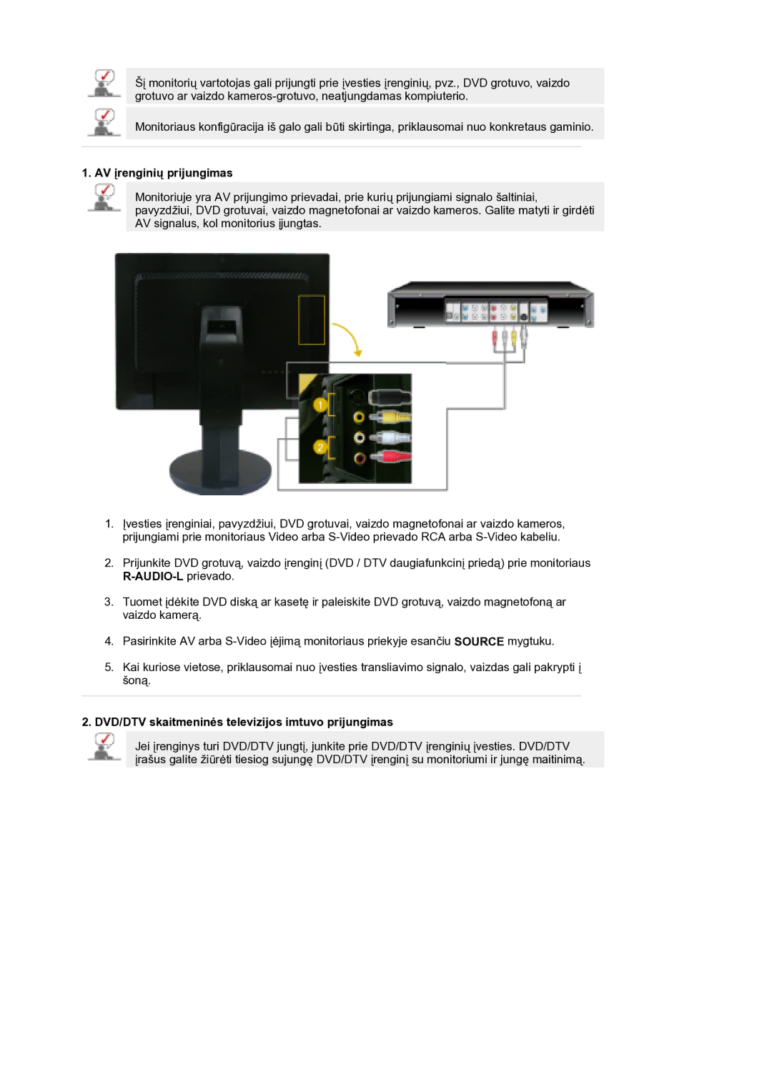 Samsung LS21DPWASQ/EDC manual AV įrenginių prijungimas, DVD/DTV skaitmeninės televizijos imtuvo prijungimas 