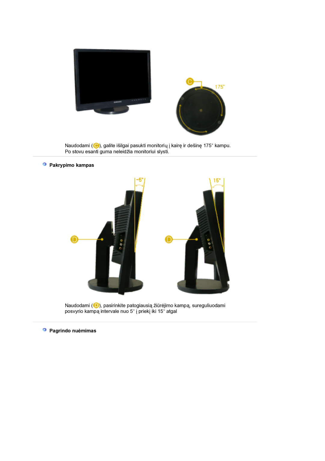 Samsung LS21DPWASQ/EDC manual Pakrypimo kampas, Pagrindo nuėmimas 