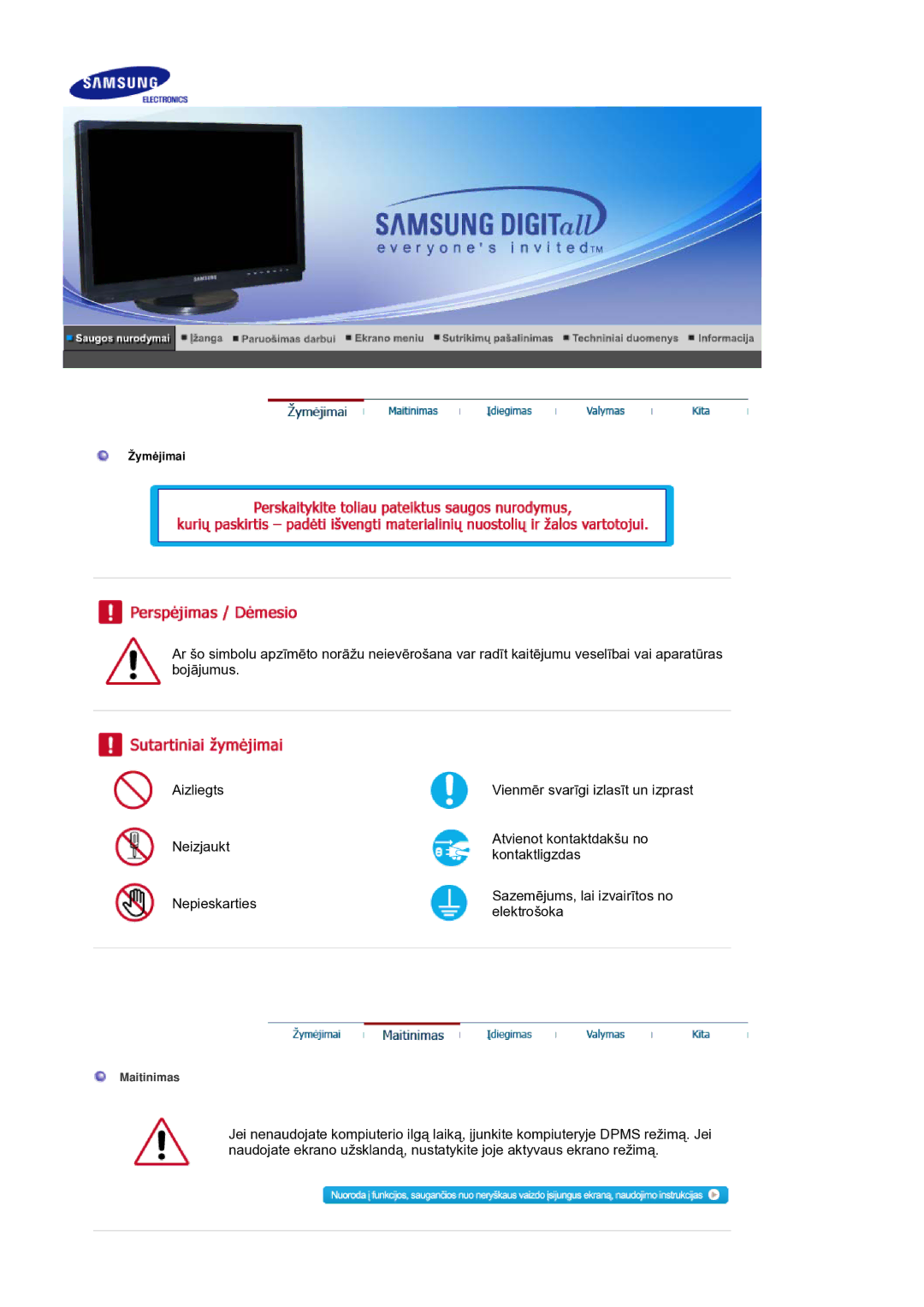 Samsung LS21DPWASQ/EDC manual Maitinimas 