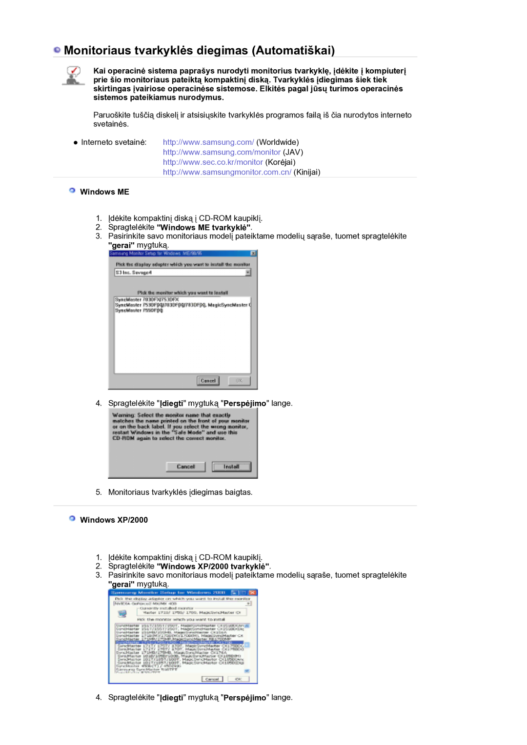 Samsung LS21DPWASQ/EDC manual Spragtelėkite Windows ME tvarkyklė, Spragtelėkite Windows XP/2000 tvarkyklė 