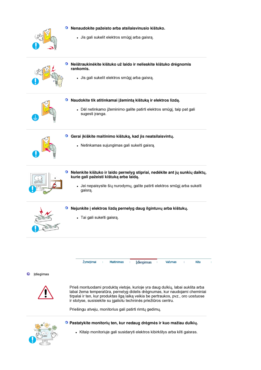 Samsung LS21DPWASQ/EDC manual Nenaudokite pažeisto arba atsilaisvinusio kištuko 