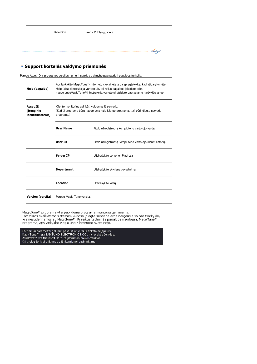 Samsung LS21DPWASQ/EDC manual Support kortelŏs valdymo priemonŏs 