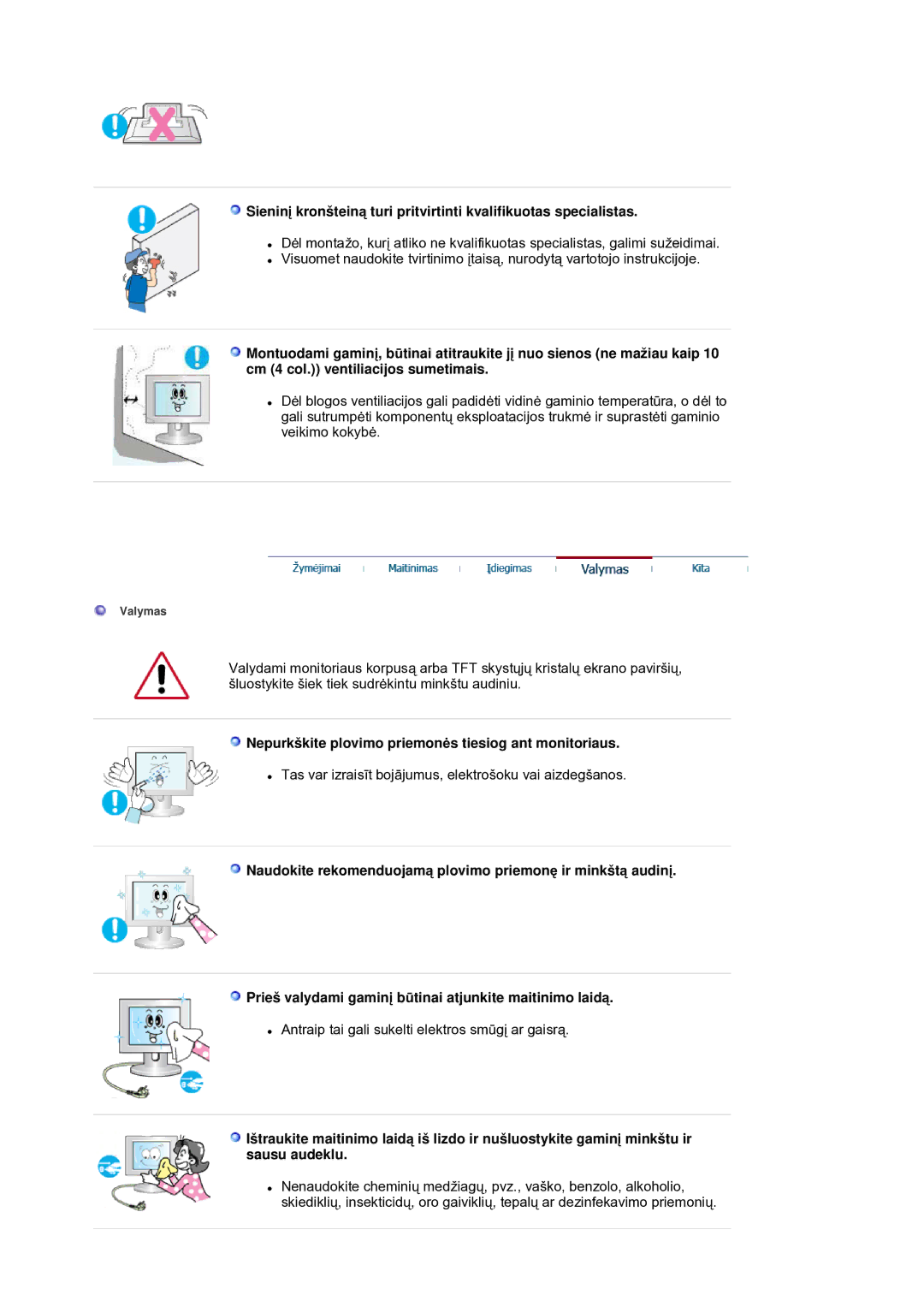 Samsung LS21DPWASQ/EDC manual Nepurkškite plovimo priemonơs tiesiog ant monitoriaus 