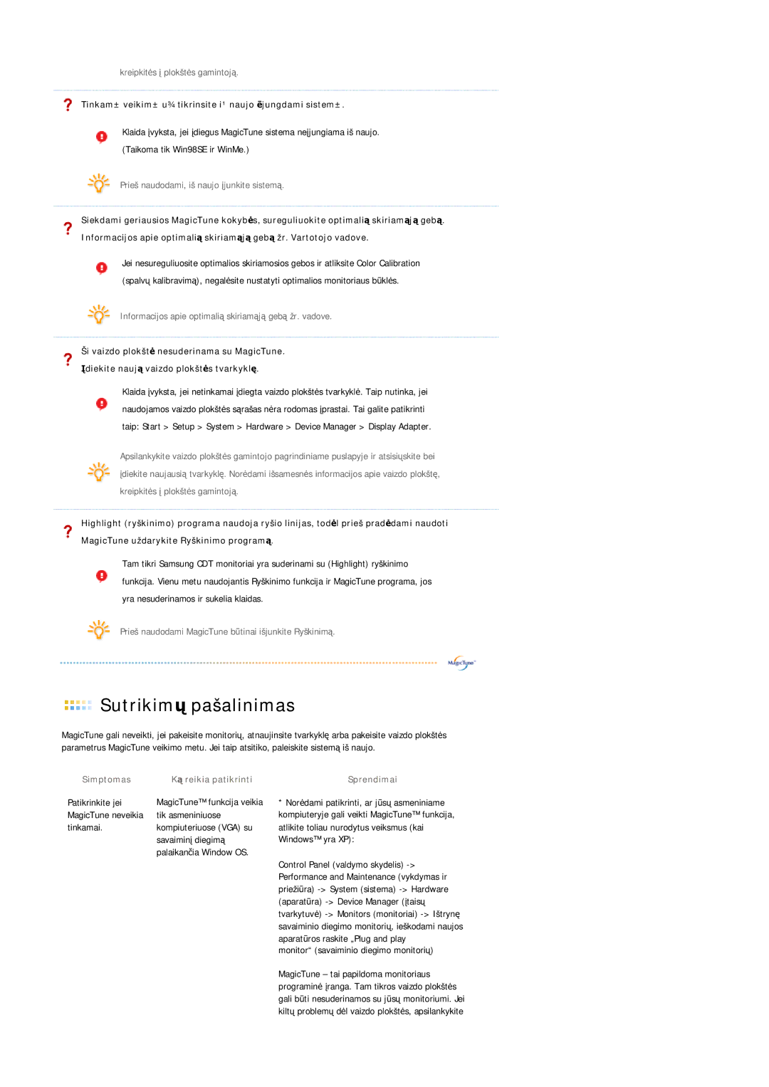 Samsung LS21DPWASQ/EDC manual Simptomas Ką reikia patikrinti 