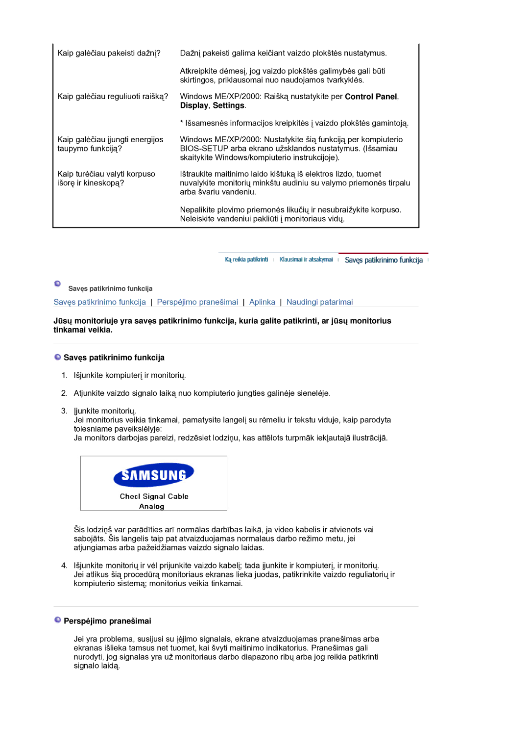 Samsung LS21DPWASQ/EDC manual Display , Settings, Perspơjimo pranešimai 