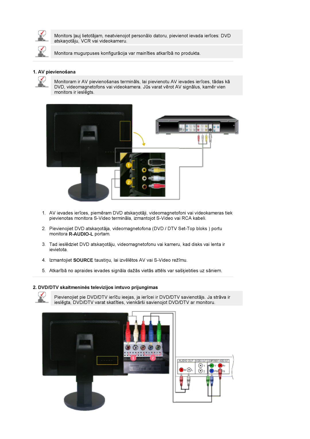 Samsung LS21DPWASQ/EDC manual AV pievienošana, DVD/DTV skaitmeninės televizijos imtuvo prijungimas 