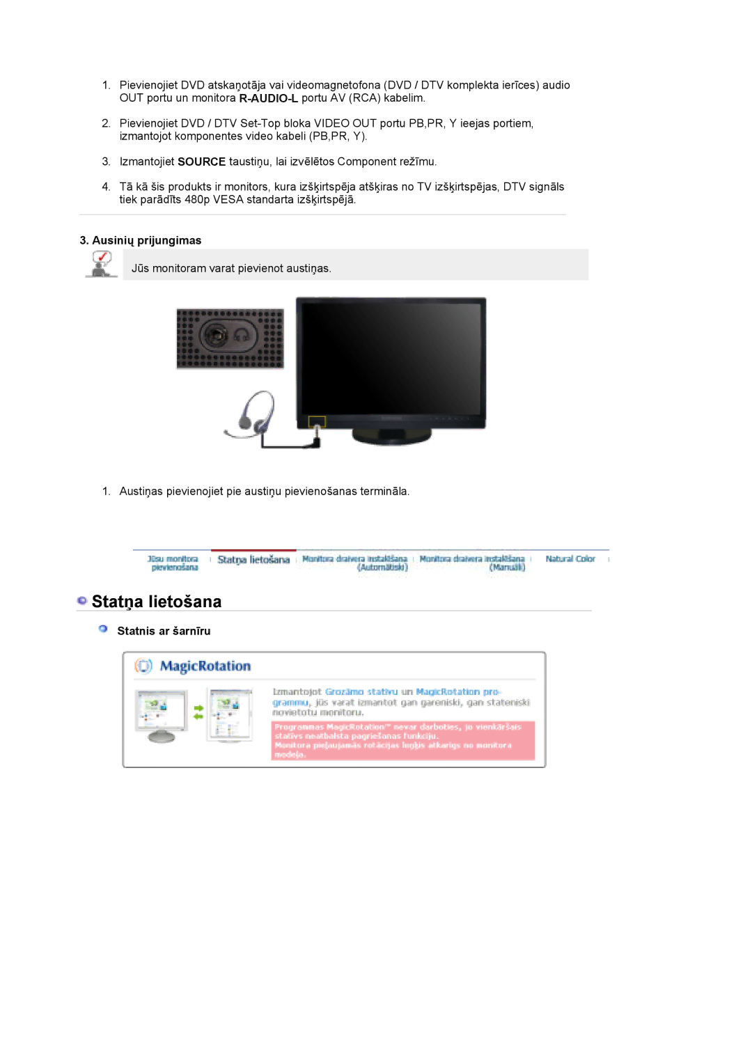 Samsung LS21DPWASQ/EDC manual Ausinių prijungimas, Statnis ar šarnīru 