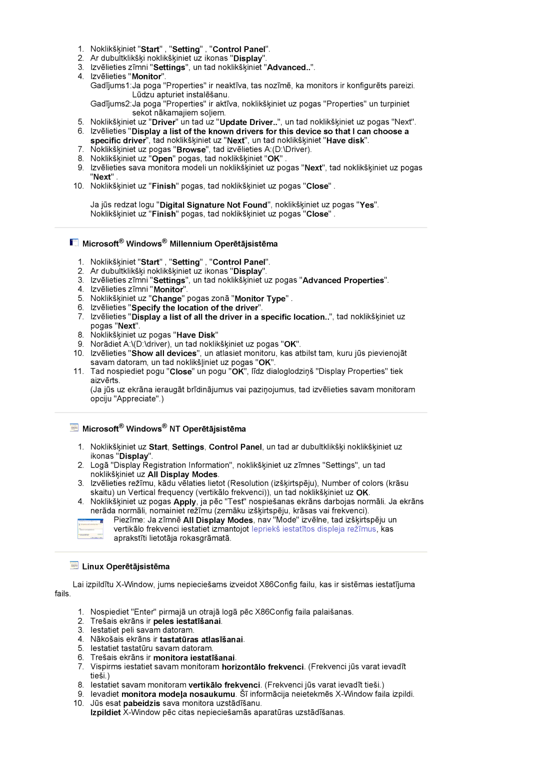 Samsung LS21DPWASQ/EDC manual Microsoft Windows Millennium Operētājsistēma, Microsoft Windows NT Operētājsistēma 