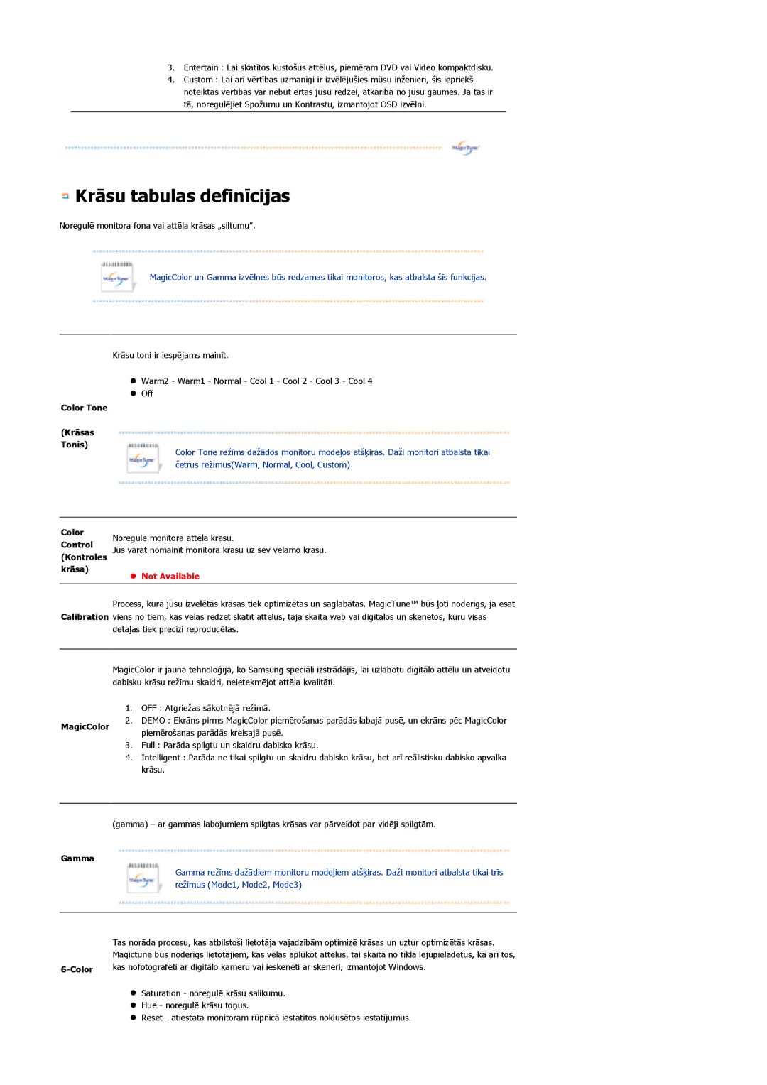 Samsung LS21DPWASQ/EDC manual Krāsu tabulas definīcijas, Color Tone Krāsas Tonis 