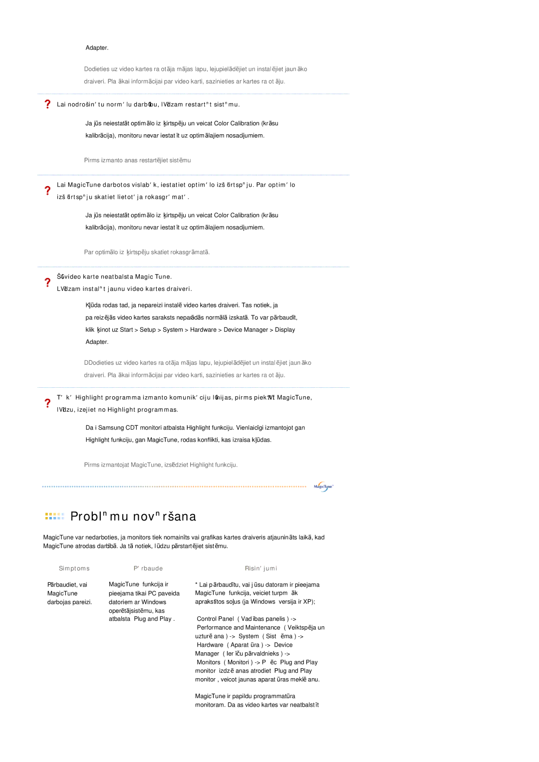 Samsung LS21DPWASQ/EDC manual Simptoms PŅrbaude 