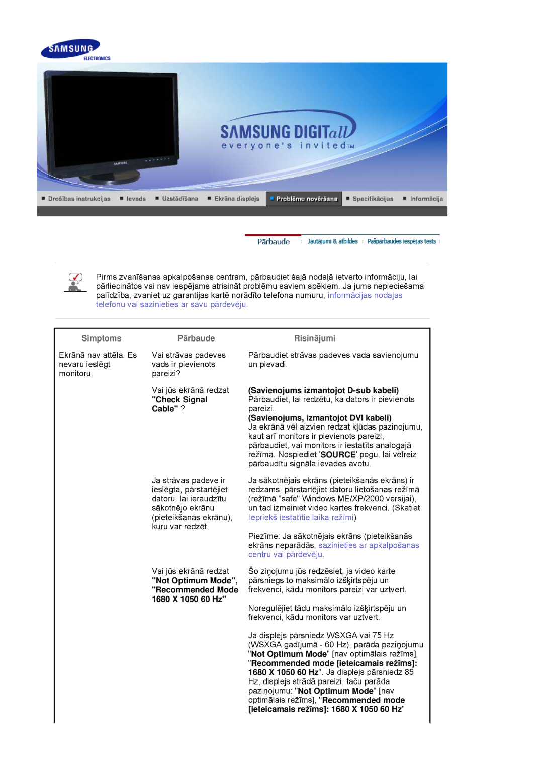 Samsung LS21DPWASQ/EDC manual Check Signal Cable ?, Not Optimum Mode Recommended Mode 1680 X 1050 60 Hz 