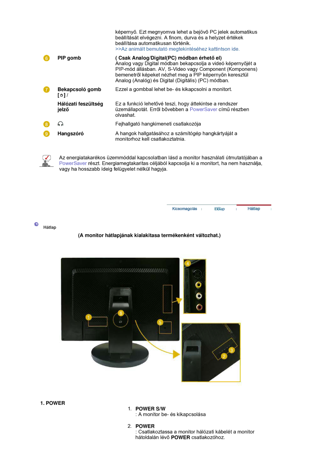 Samsung LS21DPWASQ/EDC manual PIP gomb Csak Analog/DigitalPC módban érhetĘ el, Bekapcsoló gomb, Hálózati feszültség, JelzĘ 